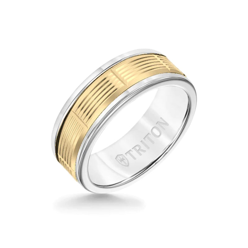 Triton 8MM White Tungsten Carbide Ring - Serrated Vertical Cut 14K Yellow Gold Insert with Round Edge