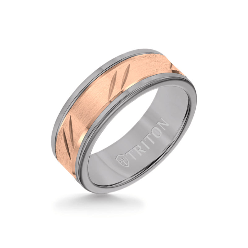 Triton 8MM Grey Tungsten Carbide Ring - Bevel Diagonal Cut 14K Rose Gold Insert with Round Edge