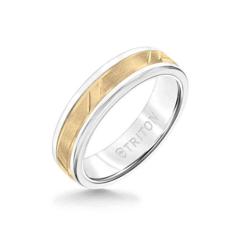 Triton 6MM White Tungsten Carbide Ring - Bevel Diagonal Cut 14K Yellow Gold Insert with Round Edge