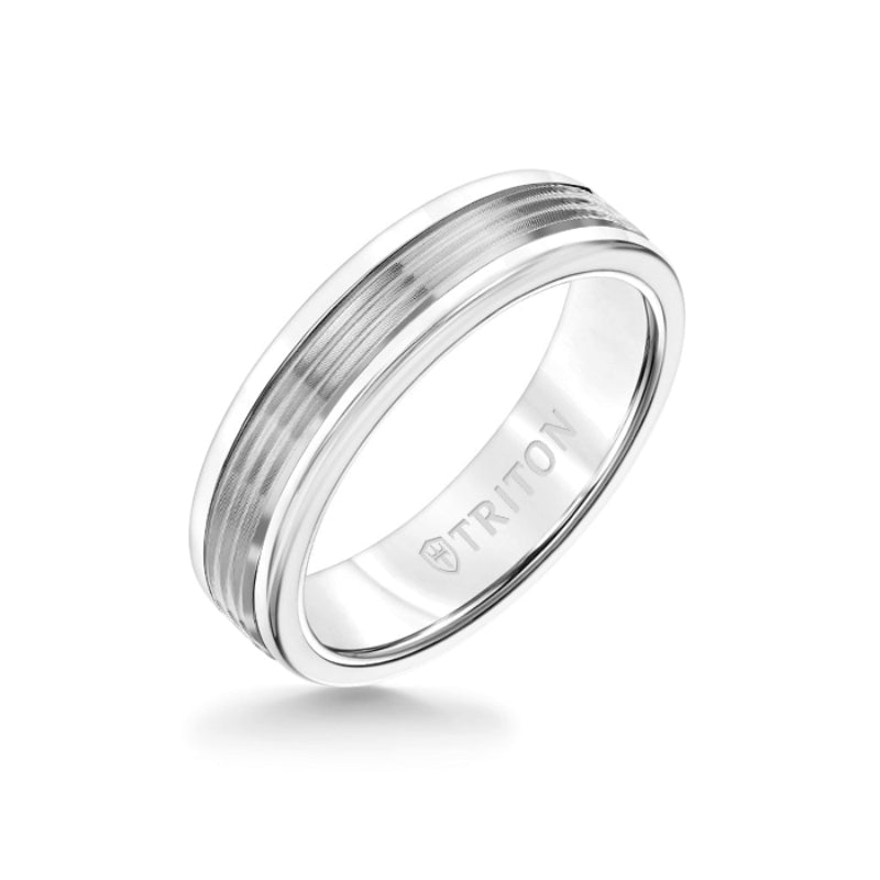 Triton 6MM White Tungsten Carbide Ring - Serrated Engraved 14K White Gold Insert with Round Edge