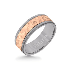 Triton 8MM Grey Tungsten Carbide Ring - Hammered 14K Rose Gold Insert with Round Edge