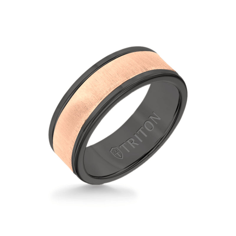 Triton 8MM Black Tungsten Carbide Ring - Vertical Satin 14K Rose Gold Insert with Round Edge