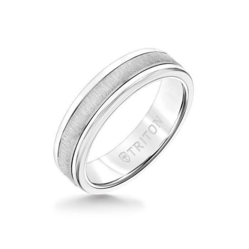 Triton 6MM White Tungsten Carbide Ring - Vertical Satin 14K White Gold Insert with Round Edge
