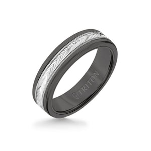 Triton 6MM Black Tungsten Carbide Ring - Herringbone 14K White Gold Insert with Round Edge