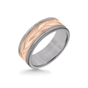 Triton 8MM Grey Tungsten Carbide Ring - Herringbone 14K Rose Gold Insert with Round Edge