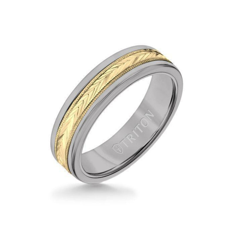 Triton 6MM Grey Tungsten Carbide Ring - Herringbone 14K Yellow Gold Insert with Round Edge