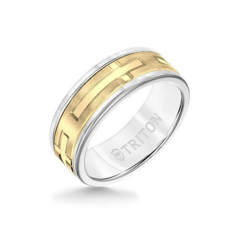 Triton 8MM White Tungsten Carbide Ring - Religious 14K Yellow Gold Insert with Round Edge