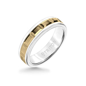 Triton 6MM White Tungsten Carbide Ring - Beveled Prism 14K Yellow Gold Insert with Round Edge