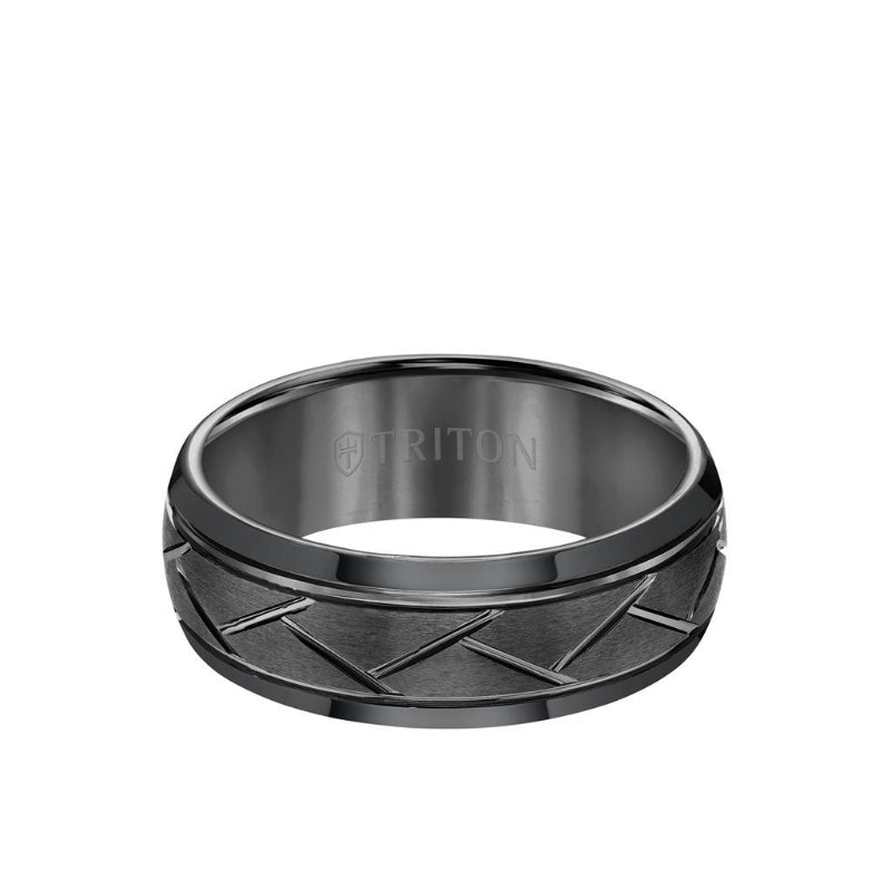 Triton 8MM Tungsten Carbide Ring - Domed Alternating Diagonal Cuts and Bevel Edge