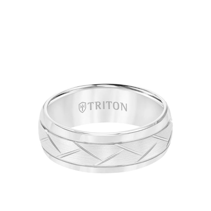 Triton 8MM Tungsten Carbide Ring - Domed Alternating Diagonal Cuts and Bevel Edge