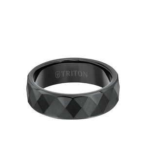 Triton 7MM Tungsten Carbide Ring - Faceted Diamond Pattern and Flat Edge