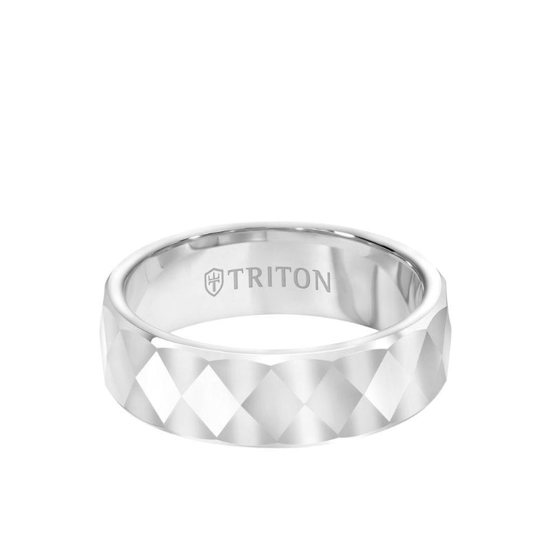 Triton 7MM Tungsten Carbide Ring - Faceted Diamond Pattern and Flat Edge