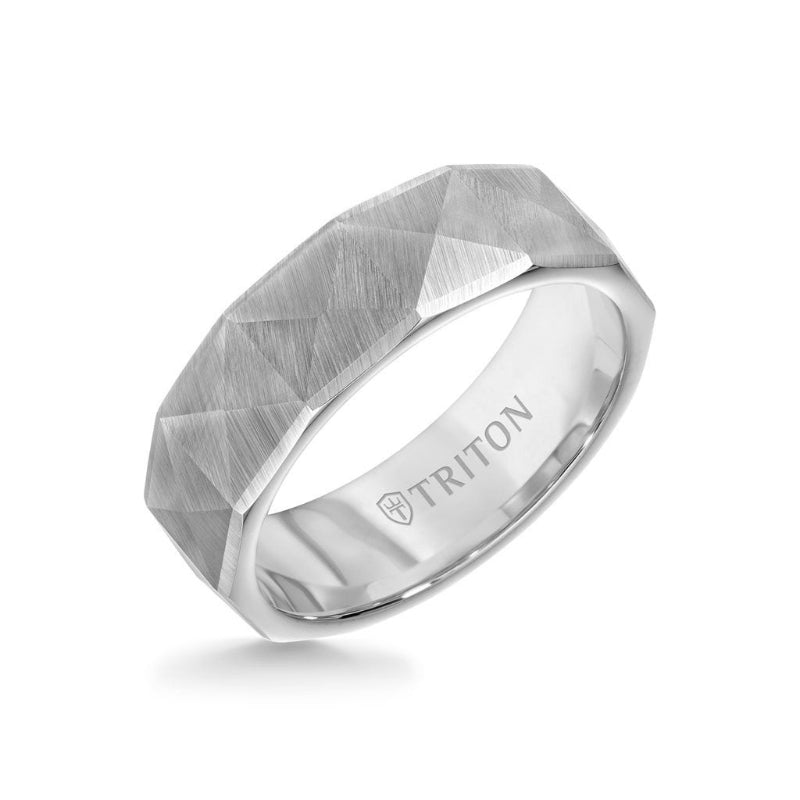 Triton 7MM Tungsten Carbide Ring - Faceted Pyramid Pattern and Round Edge
