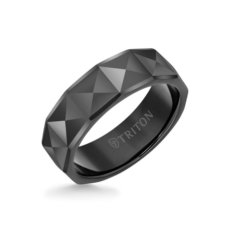 Triton 7MM Tungsten Carbide Ring - Faceted Pyramid Center and Round Edge