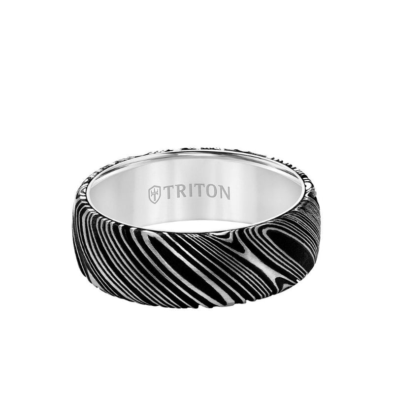 Triton 8MM White Tungsten Carbide Ring with Damascus Steel