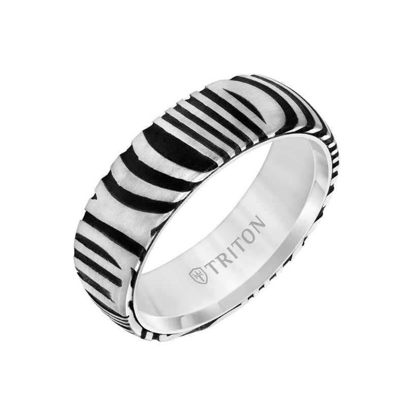 Triton 7MM White Tungsten Carbide Ring with Damascus Steel