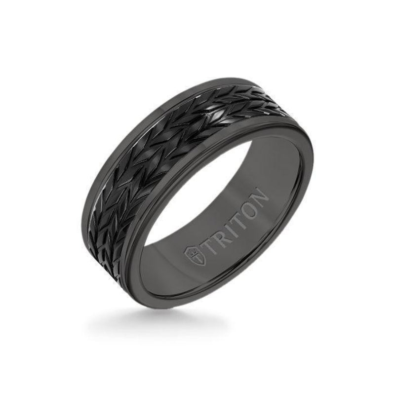 Triton 8MM Black Tungsten Carbide Ring - Tire Tread Black Titanium Insert with Round Edge