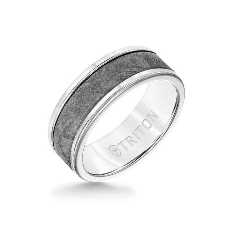 Triton 8MM White Tungsten Carbide Ring - Meteorite Insert with Round Edge