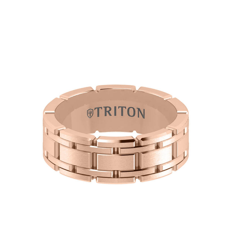 Triton 8MM 14K Gold Ring - Satin Finish Stitch Design and Flat Edge