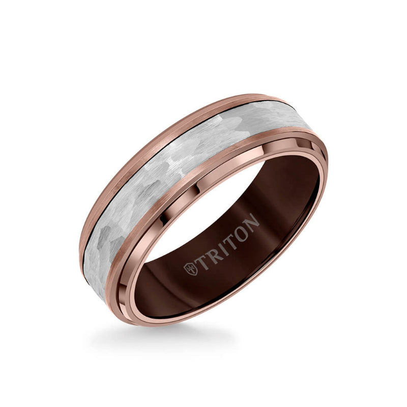 Triton 7MM Espresso Tungsten Carbide Ring - Hammered Center and Step Edge