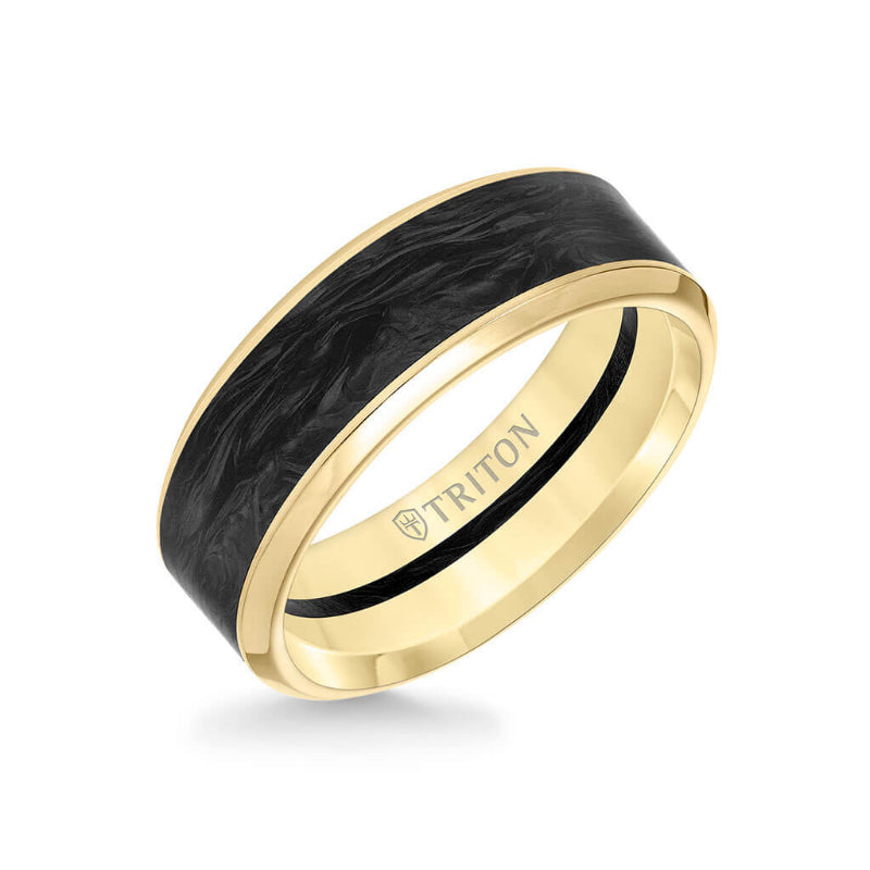 Triton 8MM 14K Gold Ring + Forged Carbon - Channel Center & Bevel Edge