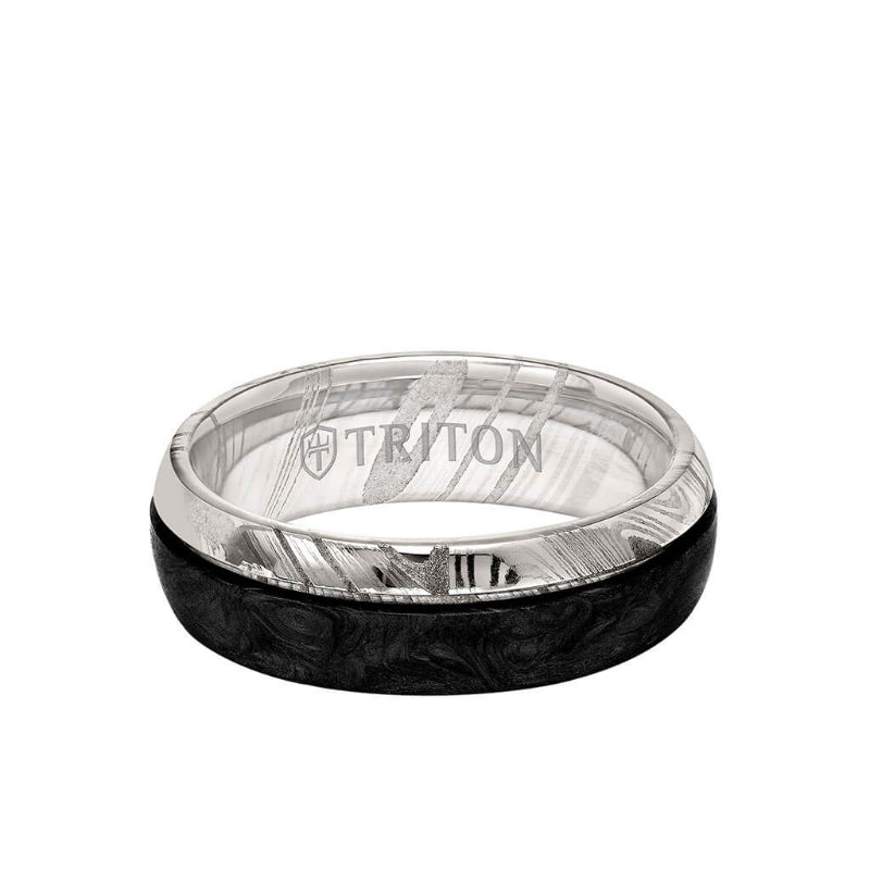 Triton 7MM Damascus Steel & Forged Carbon Ring - Dome Profile & Asymmetrical Channel with Groove