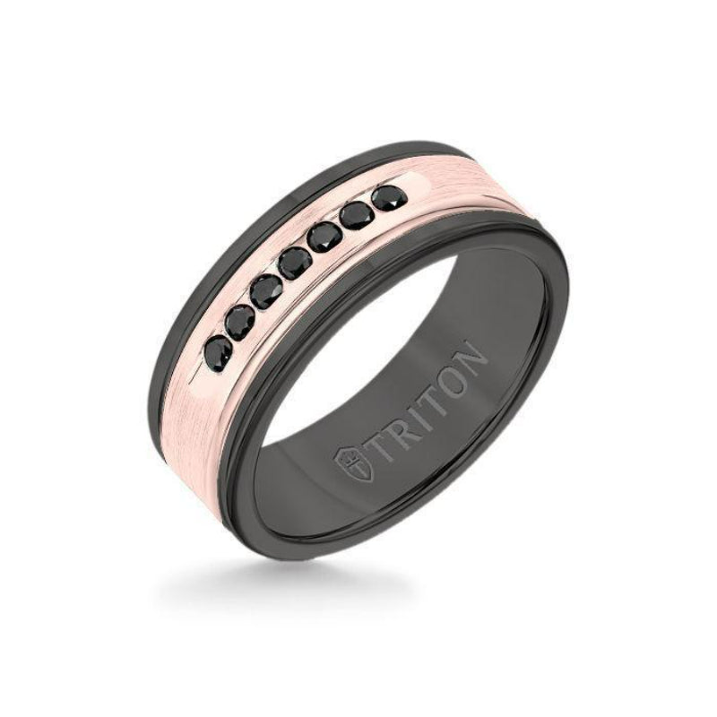 Triton 8MM Black Tungsten Carbide Ring - Black Diamonds 14K Rose Gold Insert with Round Edge