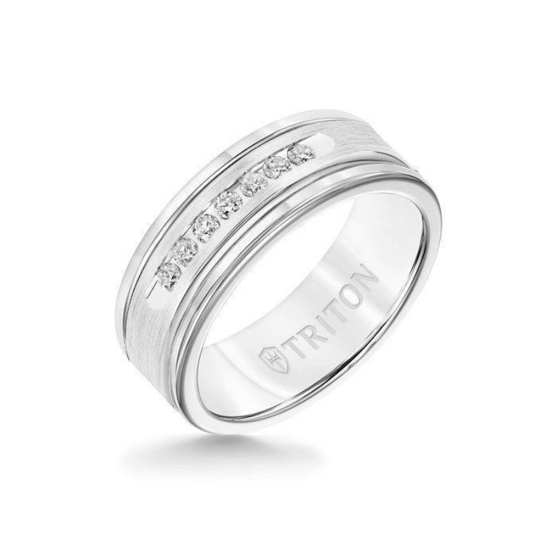 Triton 8MM White Tungsten Carbide Ring - White Diamonds 14K White Gold Insert with Round Edge