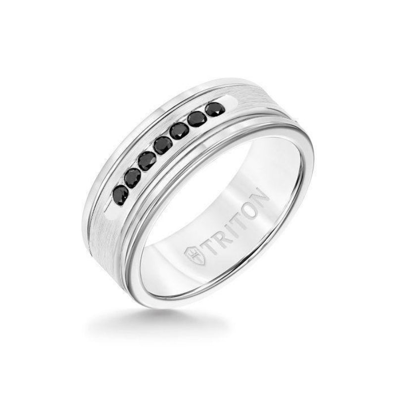 Triton 8MM White Tungsten Carbide Ring - Black Diamonds 14K White Gold Insert with Round Edge