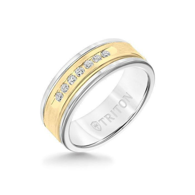 Triton 8MM White Tungsten Carbide Ring - White Diamonds 14K Yellow Gold Insert with Round Edge