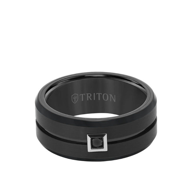 Triton 9MM Ring - Black Diamond Solitaire Brushed Center and Bevel Edge
