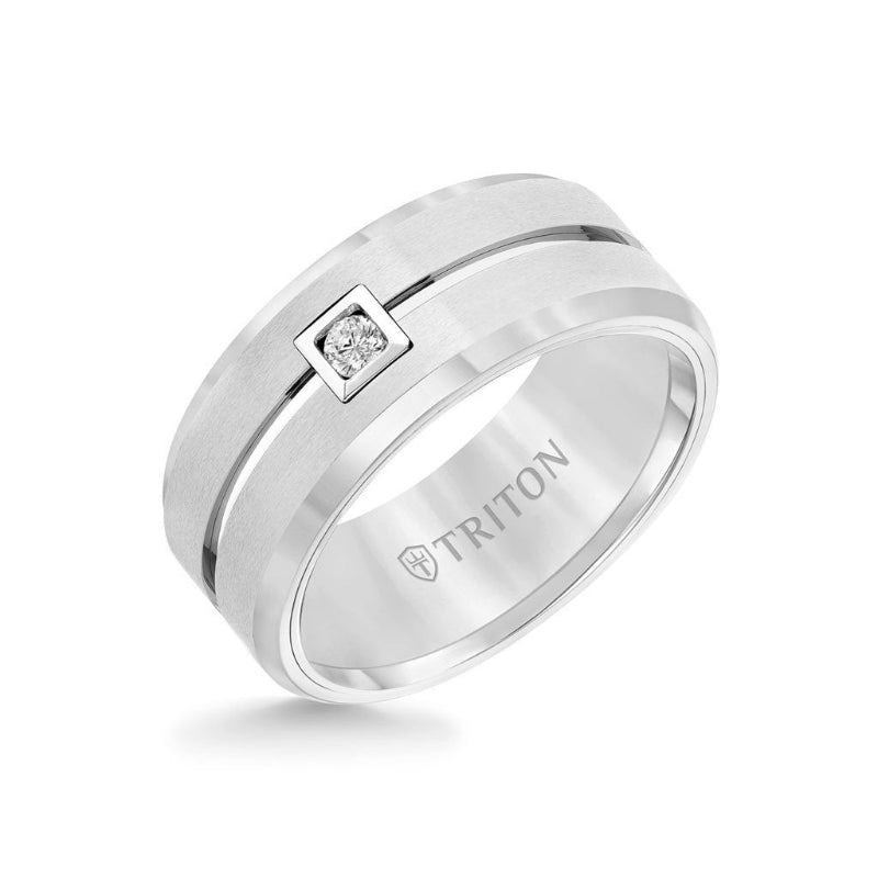 Triton 9MM Ring - Diamond Solitaire Brushed Center and Bevel Edge