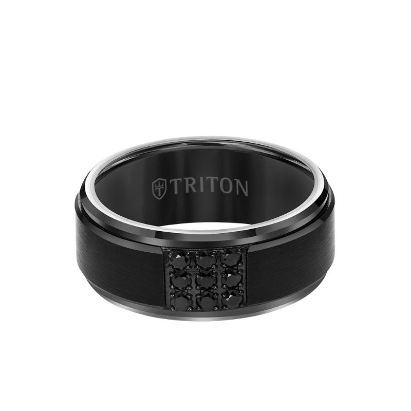 Triton 9MM Black Tungsten Carbide Ring - Black Sapphires & Step Edge