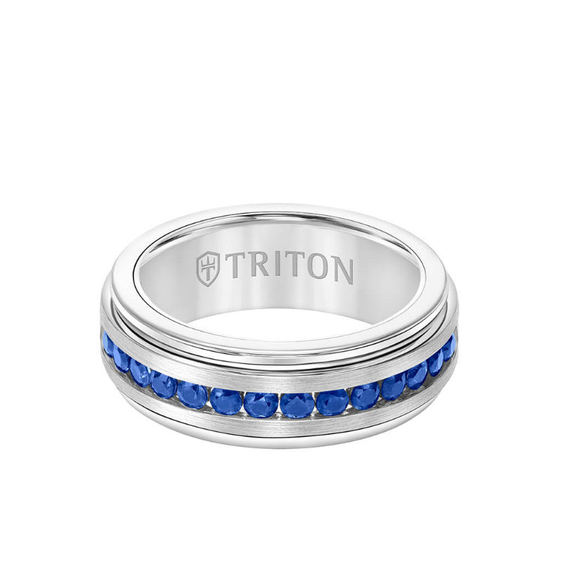 Triton 8MM Tungsten Carbide Ring - Stone Channel Set Silver Satin Finish