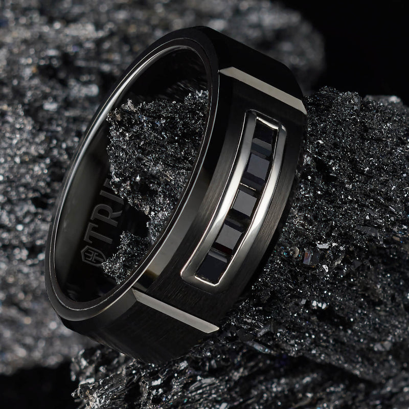 Triton 8MM Tungsten RAW Black DLC Ring - Channel Set Square Black Sapphires and Black Ceramic Interior