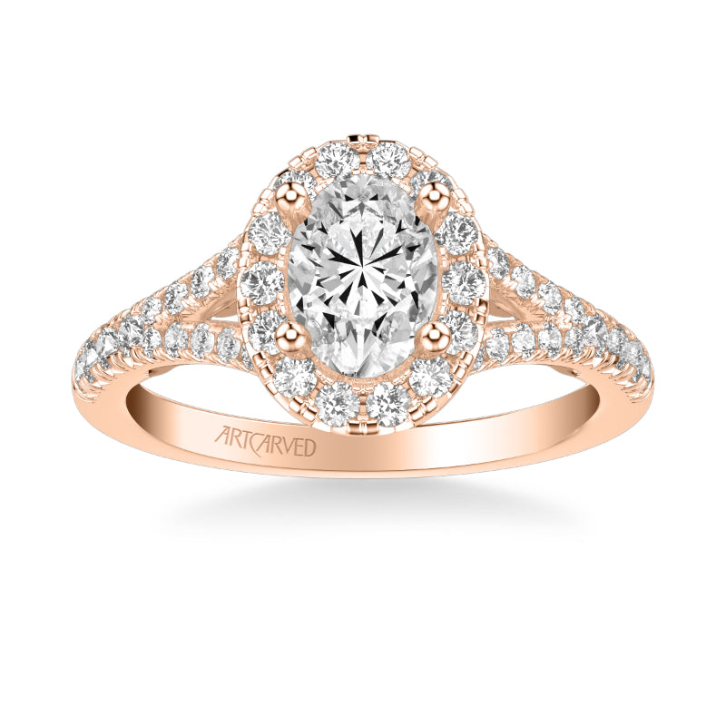 Artcarved Bridal Semi-Mounted with Side Stones Classic Lyric Halo Engagement Ring Augusta 18K Rose Gold