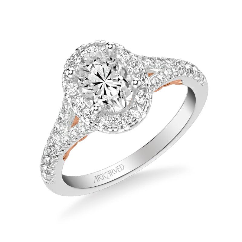 Artcarved Bridal Semi-Mounted with Side Stones Classic Lyric Halo Engagement Ring Augusta 14K White Gold Primary & 14K Rose Gold