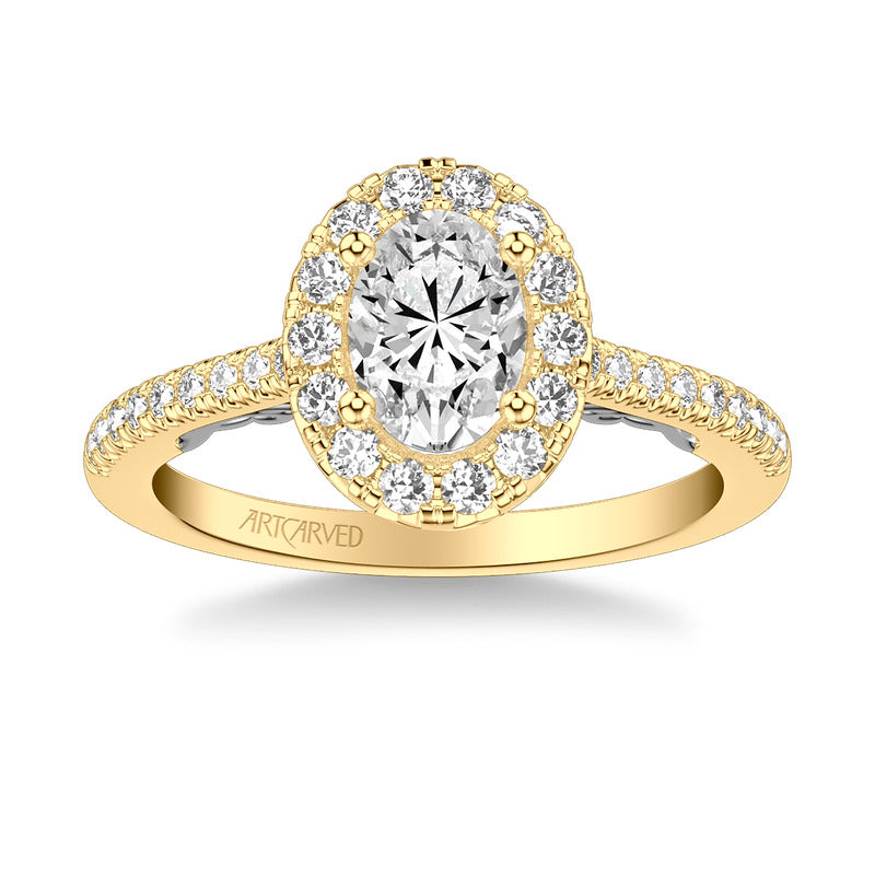 Artcarved Bridal Semi-Mounted with Side Stones Classic Lyric Halo Engagement Ring Jacinda 18K Yellow Gold Primary & White Gold