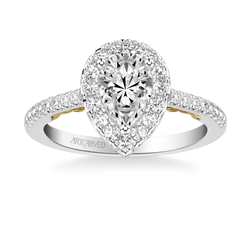 Artcarved Bridal Semi-Mounted with Side Stones Classic Lyric Halo Engagement Ring Demi 18K White Gold Primary & 18K Yellow Gold