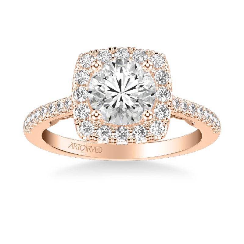Artcarved Bridal Semi-Mounted with Side Stones Classic Lyric Halo Engagement Ring Loni 18K Rose Gold