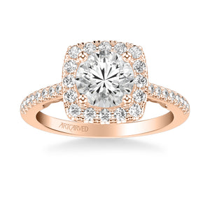 Artcarved Bridal Semi-Mounted with Side Stones Classic Lyric Halo Engagement Ring Loni 14K Rose Gold