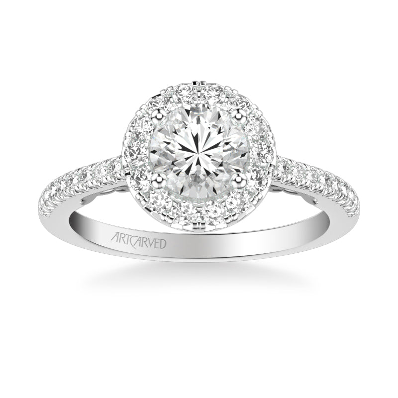 Artcarved Bridal Semi-Mounted with Side Stones Classic Lyric Halo Engagement Ring Hazel 14K White Gold
