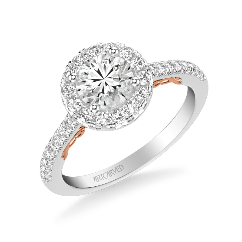 Artcarved Bridal Semi-Mounted with Side Stones Classic Lyric Halo Engagement Ring Hazel 14K White Gold Primary & 14K Rose Gold
