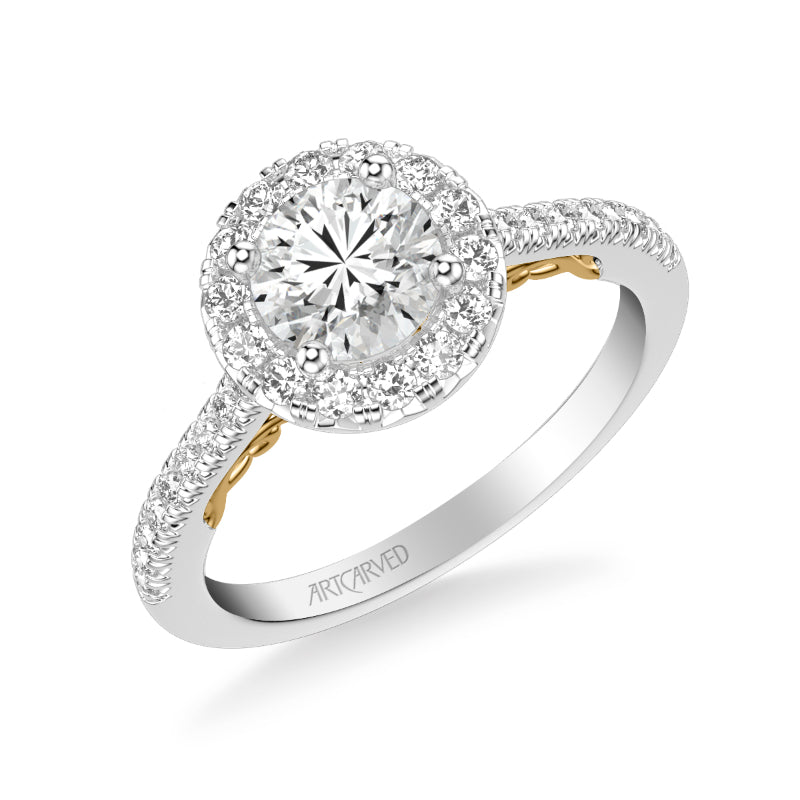 Artcarved Bridal Semi-Mounted with Side Stones Classic Lyric Halo Engagement Ring Hazel 18K White Gold Primary & 18K Yellow Gold