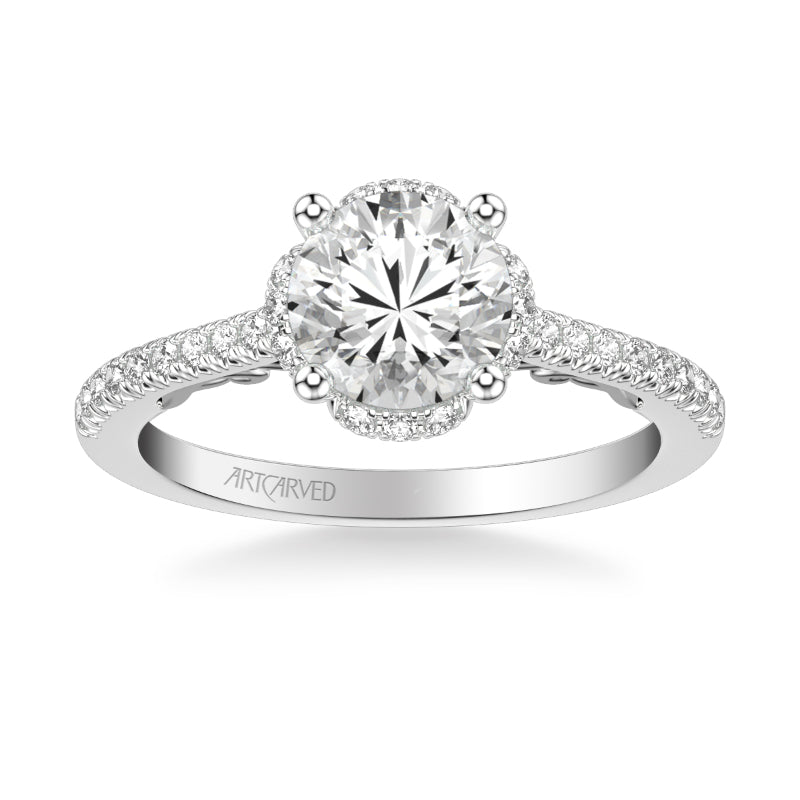 Artcarved Bridal Semi-Mounted with Side Stones Classic Lyric Halo Engagement Ring Gladys 18K White Gold