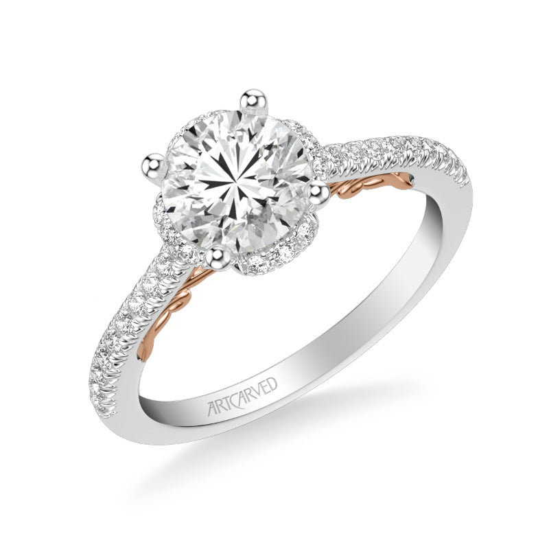 Artcarved Bridal Semi-Mounted with Side Stones Classic Lyric Halo Engagement Ring Gladys 14K White Gold Primary & 14K Rose Gold