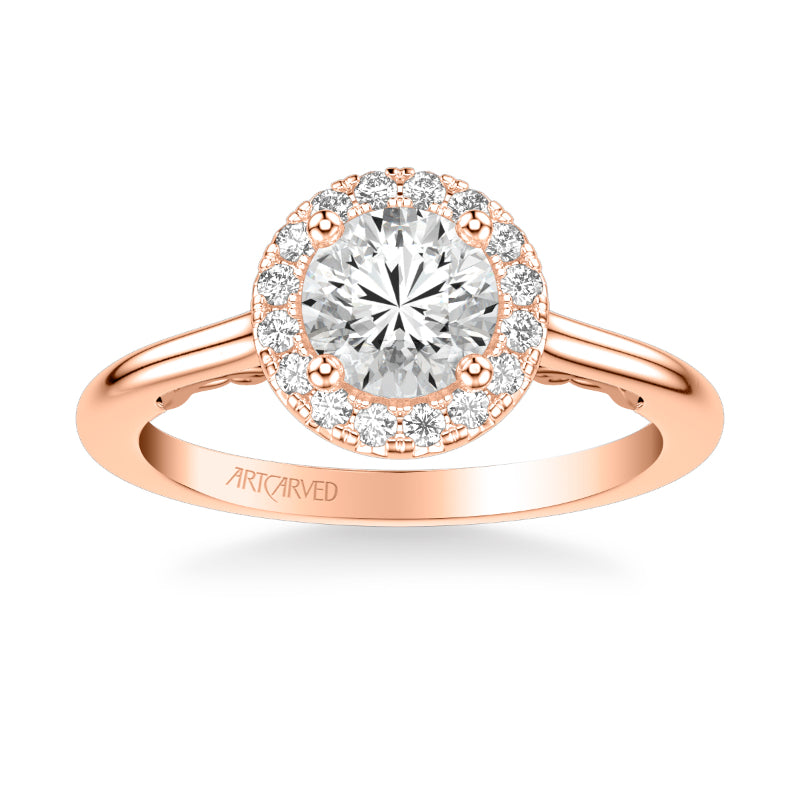 Artcarved Bridal Semi-Mounted with Side Stones Classic Lyric Halo Engagement Ring Cleo 14K Rose Gold
