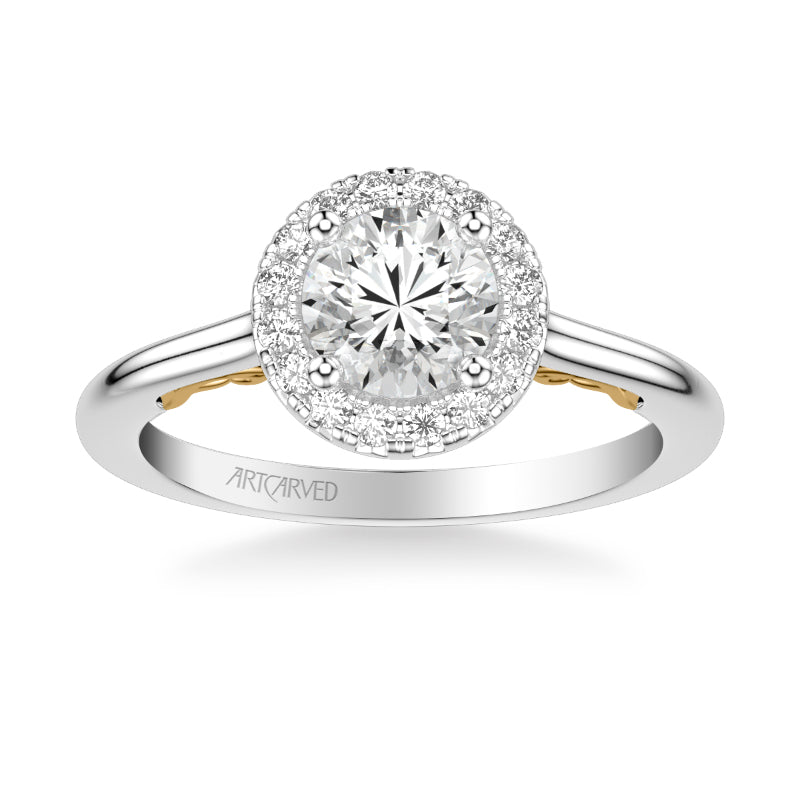 Artcarved Bridal Semi-Mounted with Side Stones Classic Lyric Halo Engagement Ring Cleo 18K White Gold Primary & 18K Yellow Gold