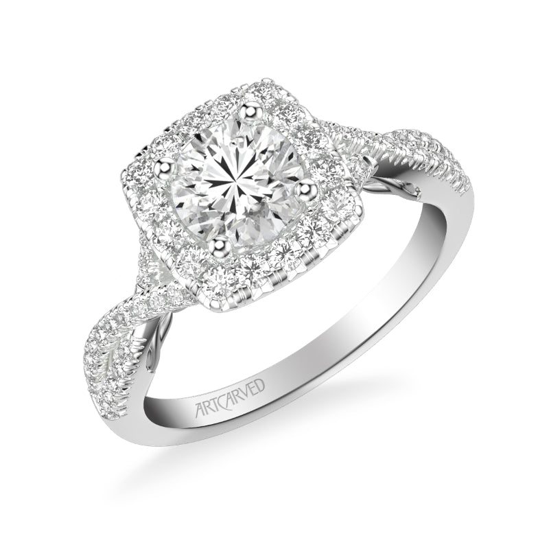 Artcarved Bridal Semi-Mounted with Side Stones Contemporary Lyric Halo Engagement Ring Shelby 14K White Gold