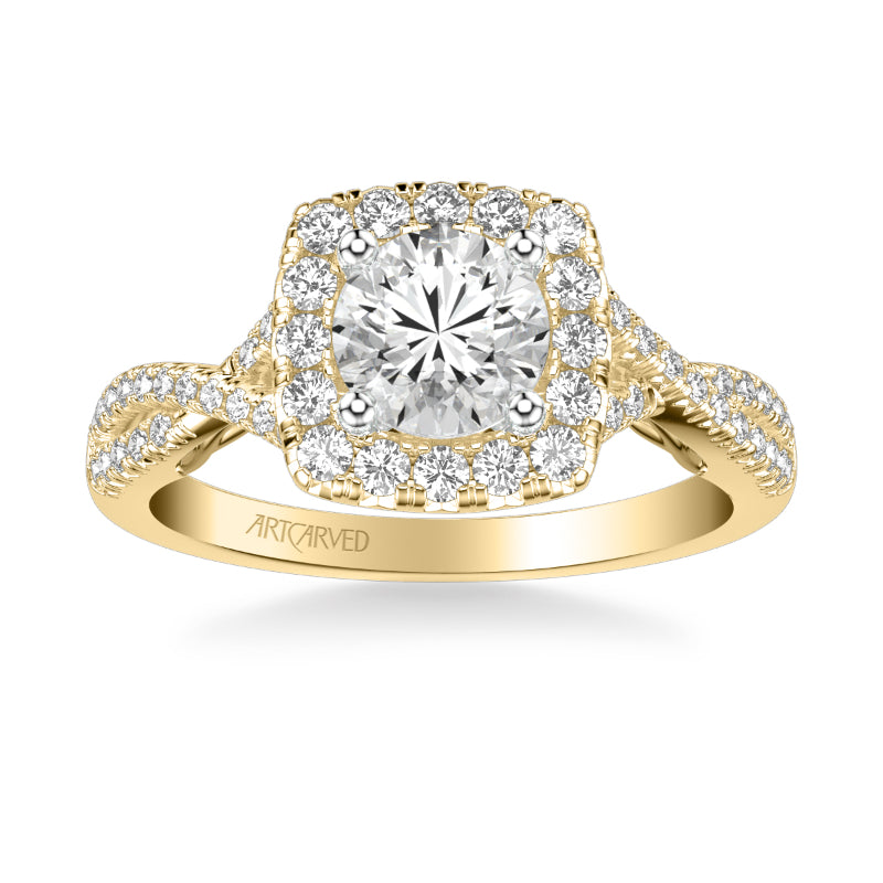 Artcarved Bridal Semi-Mounted with Side Stones Contemporary Lyric Halo Engagement Ring Shelby 14K Yellow Gold